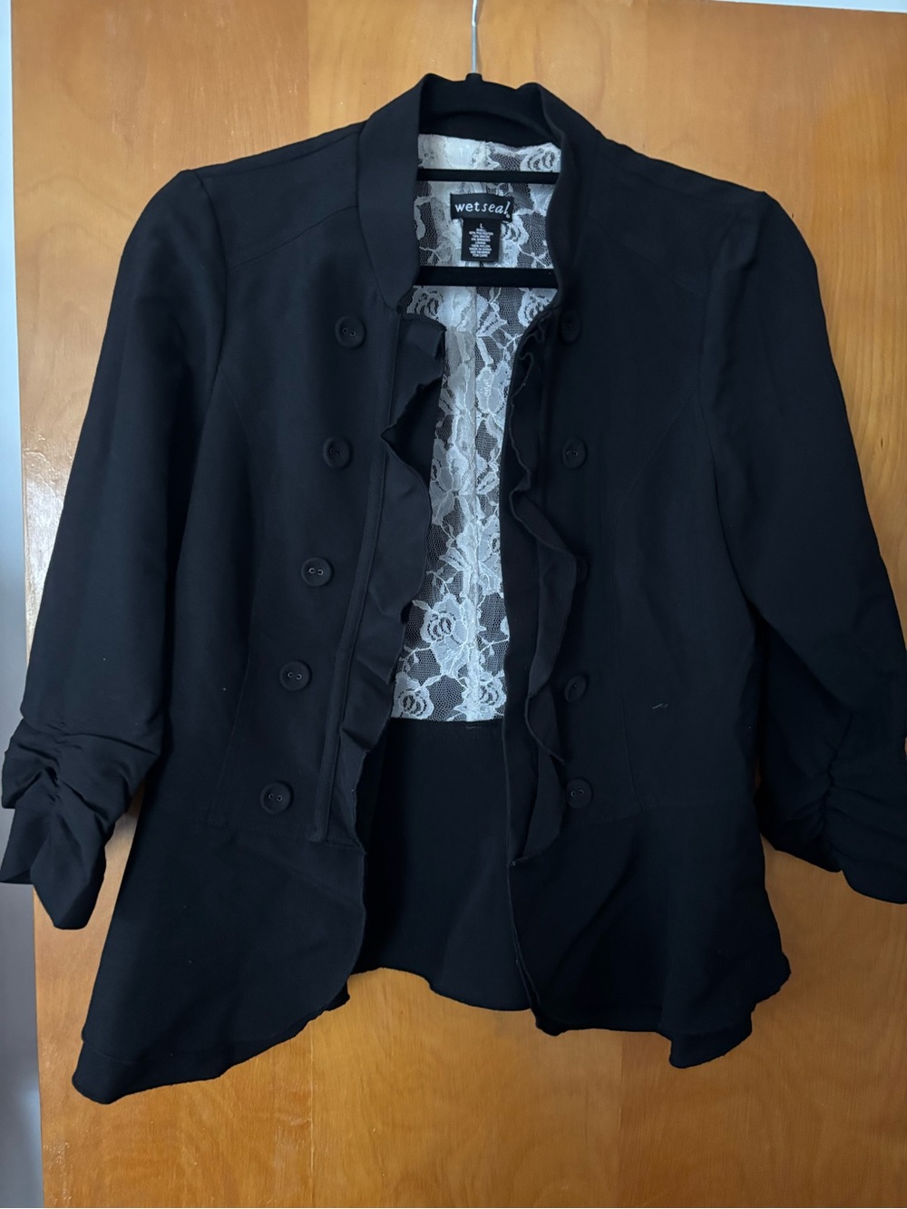 Wet Seal Black Ruffle-Trim Lace-Lined Blazer